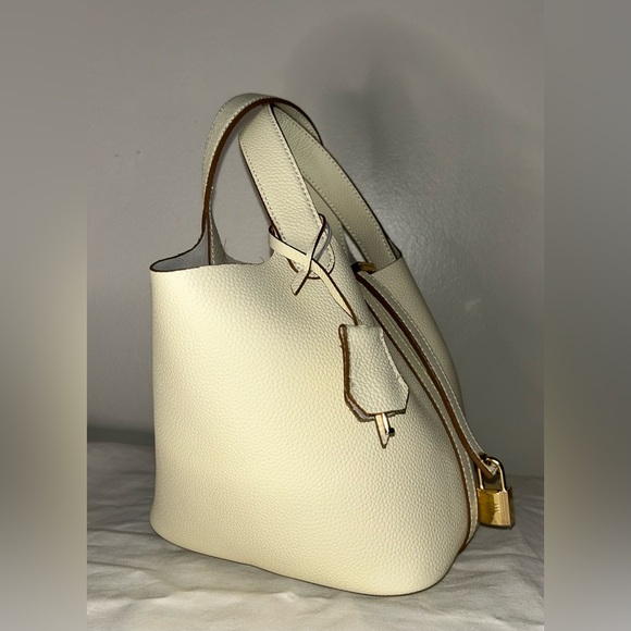 Picotin 18 PM Inspired Leather Bucket Bag Cream Ivory Nata White Gold Hardware - Picture 2 of 7